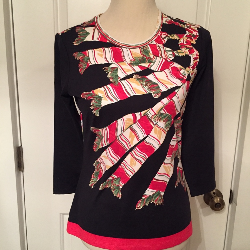 J. McLAUGHLIN TOP STRETCH JERSEY BLACK RED PRINT 3/4 SLEEVE SIZE S